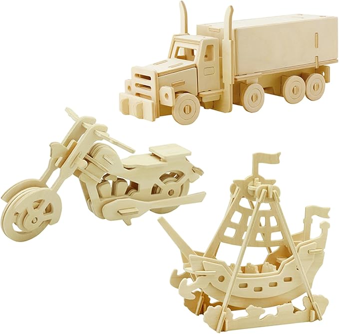 Georgie Porgy 3D Wooden Puzzles for Kids Toys Construction Woodcraft Kits DIY Model Puzzle Kits Birthday Gifts Pack of 3 (Pirate Ship Truck Motorcycle)