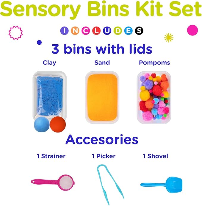 Sensory Kit for Toddlers and Kids - Includes 3 Bins with Lids, Play Tools, Sand, Feathers, Clay, Color Beads and Pom Poms Kids Box Fillers (Starter Set)