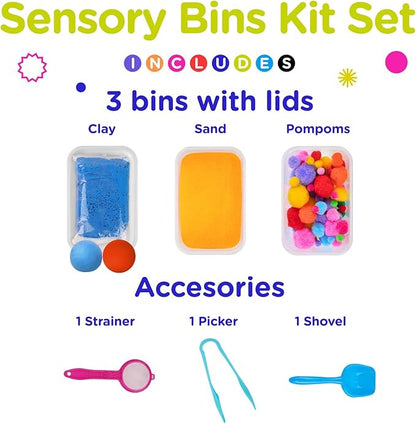 Sensory Kit for Toddlers and Kids - Includes 3 Bins with Lids, Play Tools, Sand, Feathers, Clay, Color Beads and Pom Poms Kids Box Fillers (Starter Set)