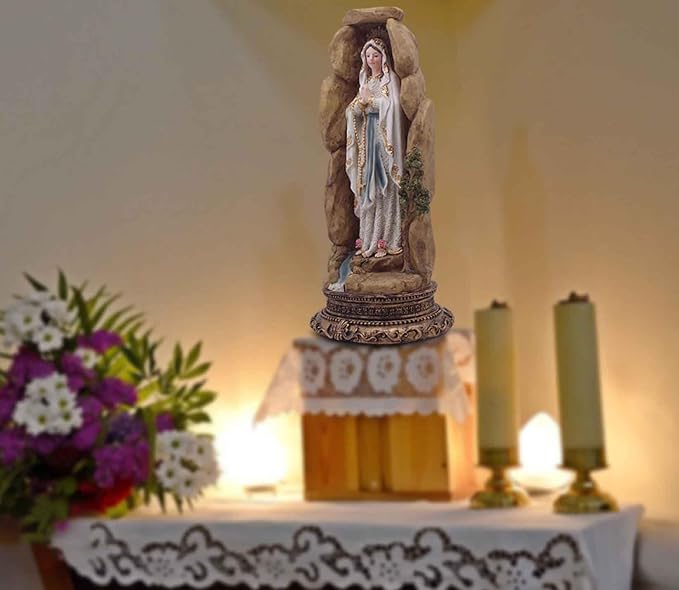 MeritMode Virgin Mary Collectible Figurines - Our Lady of Lourdes in Grotto Design, Handcrafted Resin Religious Gifts Decor for All Faiths, 12.5" H