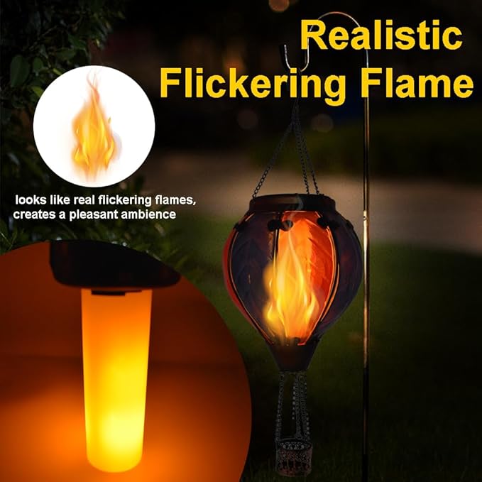 2PCS Solar Hot Air Balloon Lanterns with Flame with Shepherd's Hooks, Glass Hanging Flickering Lights Outdoor Waterproof for Garden Tree Yard Patio Mother's Day Gift, 18" H Colorful
