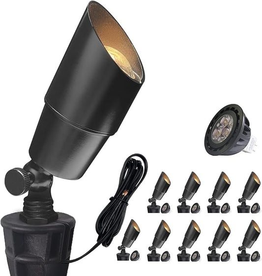COLOER Die-cast Brass Landscape Spotlight(Black) 10-Pack with 5W Aluminum Housing MR16 LED Bulb 2700K 450LM CRI85+,12V AC/DC Low Voltage Outdoor Uplighting, Garden Patio Spot Up Light(101B-Black)