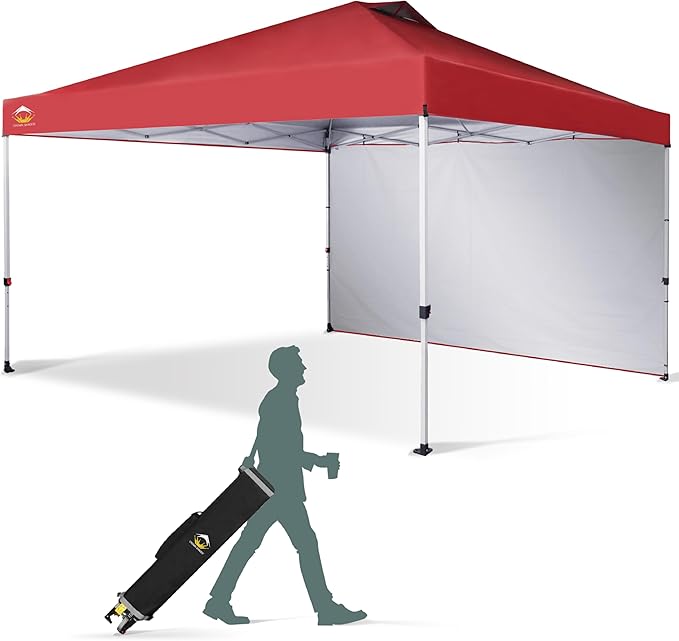 CROWN SHADES 12x12 Pop Up Canopy Tent Instant Commercial with 150D Silver Coated Fabric Including 1 Removable Sidewall, 4 Ropes, 8 Stakes, Weight Bags, STO 'N Go Bag, Red