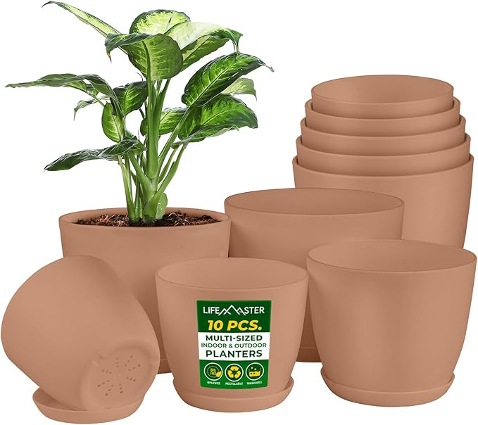 Planter Pots with Drainage Holes - Lightweight, Durable, and Space-Saving Pots for Indoor and Outdoor - Versatile Functionality, Simple Modern Design, Set of 10 Plastic Planter Pots - Pink