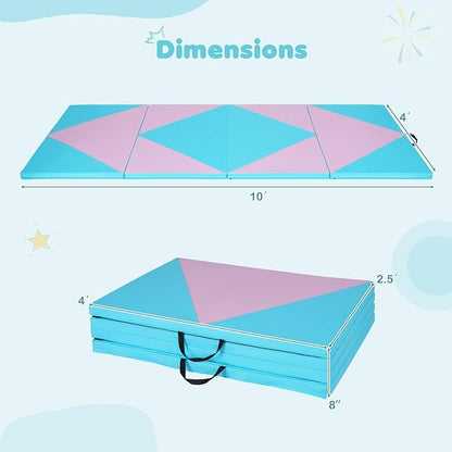 Giantex 4'x10'x 2" Gymnastics Mat, 4-Panel Folding Aerobics Exercise Mat w/Hook & Loop Fastener, Carrying Handle, Portable Tumbling Mat for Stretching Yoga Cheerleading Martial Arts