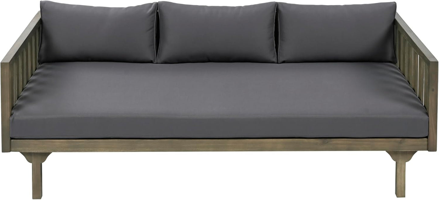 Christopher Knight Home Claremont Outdoor 3 Seater Acacia Wood Daybed with Fabric Water Resistant and Removable Cushions, Patio Garden Sofa with Slat Paneling Armrest and Back, Grey and Dark Grey
