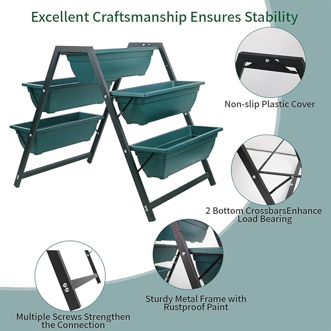 Generic Raised Garden Planter Bed, 5 Tiered Boxes, Vertical Stand for Herbs, Flowers, Vegetables, 65x91x79cm, Green, Green/Black