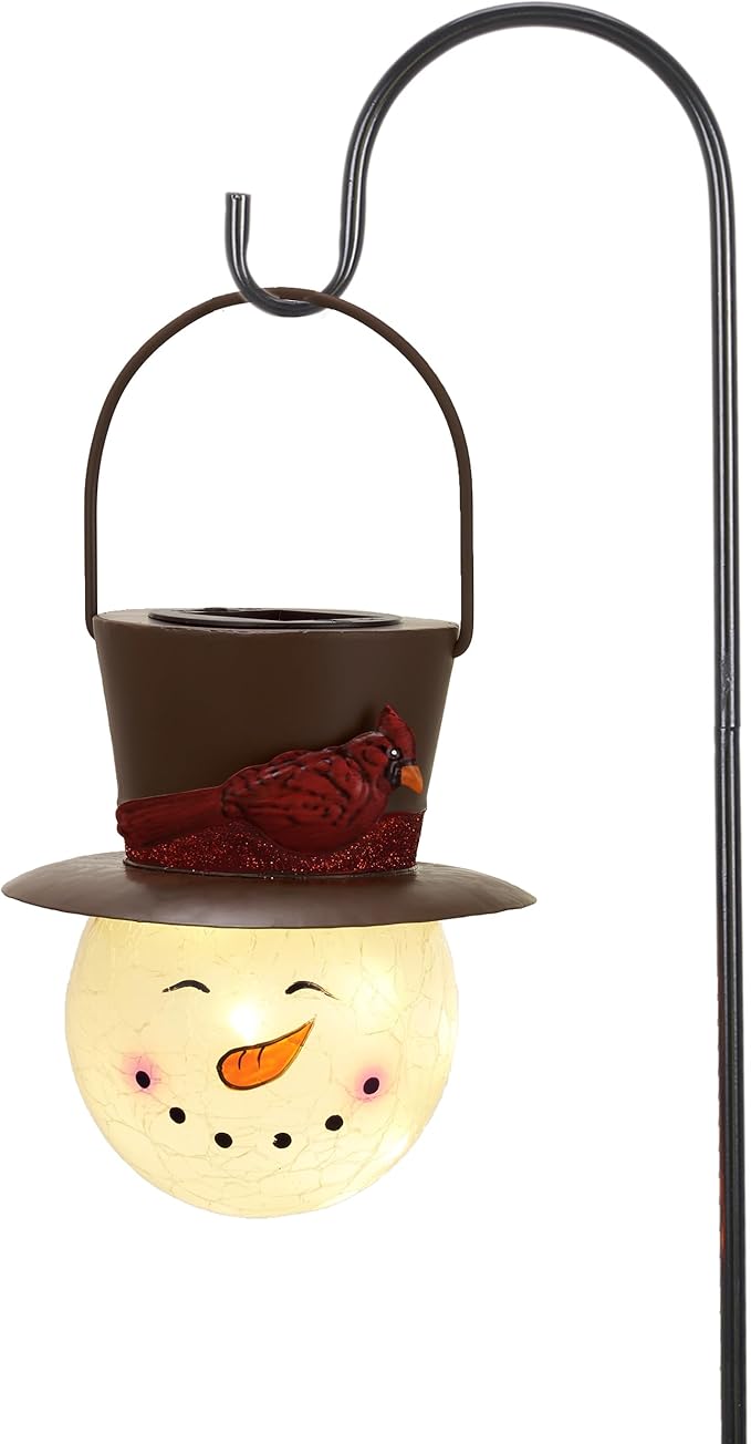 TERESA'S COLLECTIONS Outdoor Christmas Decorations for House, 36'' Snowman Glass Solar Lantern Stake with Brown Cardinal Hat, Xmas Grinch Solar Christmas Lights for Garden Party Decor