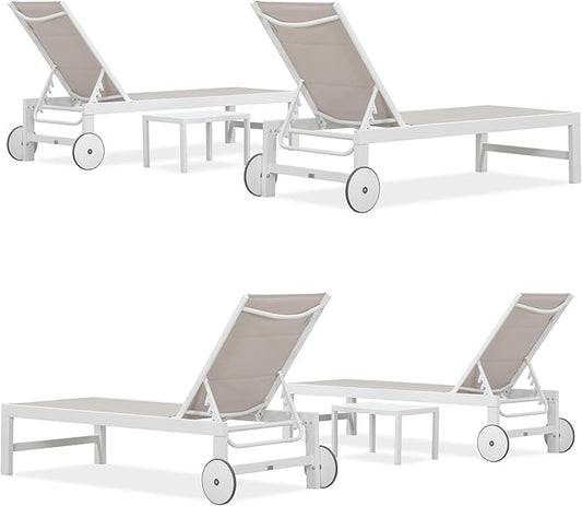 PURPLE LEAF Outdoor Chaise Lounge Staight Legs Adjustable Sunbathing Recliner with Side Table Khaki 2 Sets