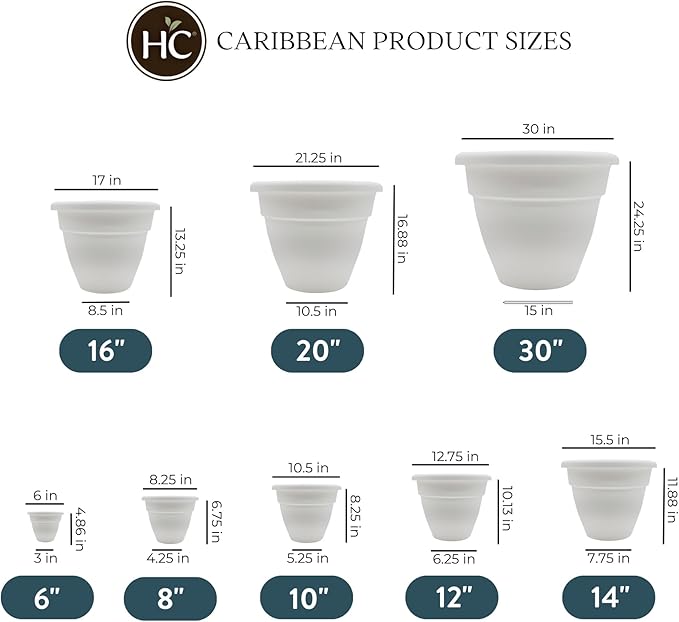 The HC Companies 6 Inch Caribbean Planter - Lightweight Indoor Outdoor Plastic Plant Pot for Herbs and Flowers, White