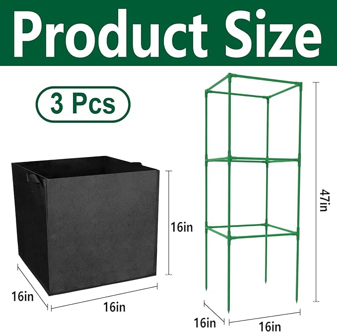 3 Packs 47 x 16 x 16 Inch Garden Tomato Cages with 17.7 Gallon Grow Bags- Square Plant Support Trellis Assembled with Planter Bags- Garden Cucumber Vegetables Frames for Vertical Climbing Plants