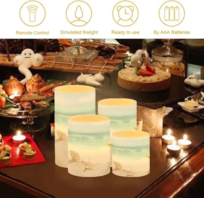 Beach Starfish Seashell Flameless LED Battery Candles 4 Pieces Pillar Fake Candles with Colored Light 4H 8H Timer Remote for Wedding Beach Party Decor