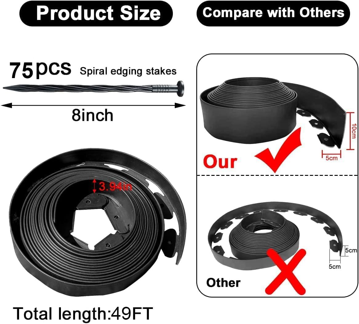 Landscape Edging 49FT,Garden Edging Borders Black [Extra Tall 4IN High] with 75pcs Plastic Stakes, Lawn Edging Flexible DIY Fence for Landscaping,Flower Bed,Grass,Gravel,Tree Surrounding