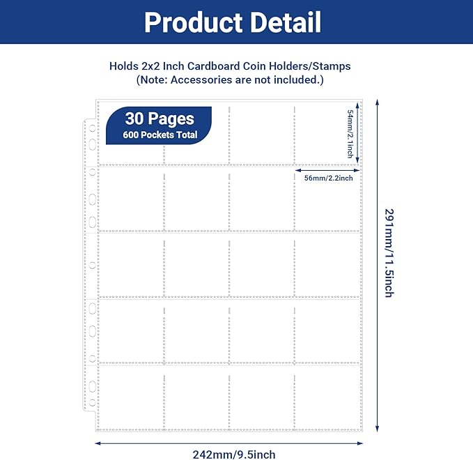 600 Pockets Acid Free Coin Sleeves, Non Stick and Non Glare, Fit for Coin Flips 2x2 inch, 3 Ring Binder Sleeves Clear Plastic Stamp Collecting Supplies, 30 Pack