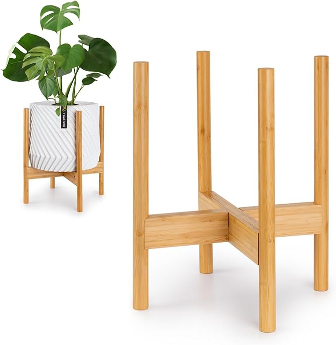 Fox & Fern Bamboo Plant Stand — 11.8 Inch Fixed Size Wooden Mid Century Planter Stand for Indoor Plants; Raised Large Flower Pot Holder for Indoor Big Pots; Plug In Design; Two Height Options - Bamboo