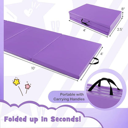 Giantex 4'x10'x 2" Gymnastics Mat, 4-Panel Folding Aerobics Exercise Mat w/Hook & Loop Fastener, Carrying Handle, Portable Tumbling Mat for Stretching Yoga Cheerleading Martial Arts