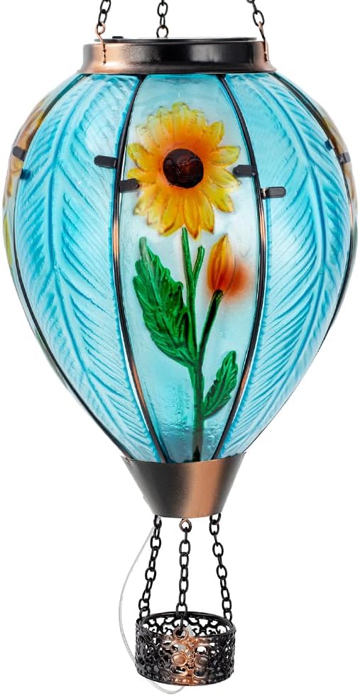 Starsoul Large Solar Hot Air Balloon Lantern with Flame Sunflower Glass Hanging Outdoor Hot Air Balloon Solar Light Waterproof Garden Patio Yard Party Decorations
