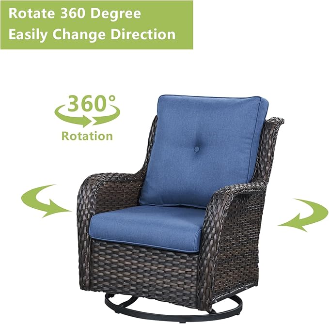 Outdoor Patio Swivel Rocker Chairs - 3 Piece Patio Bistro Set,Wicker Patio Furniture Set with 2 Swivel Rocking Chairs and 1 Glass Top Side Table for Deck Porch Garden,Brown/Blue