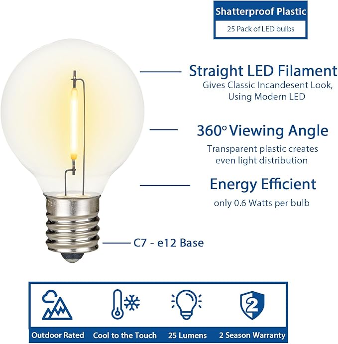 Novelty Lights 50 Feet G40 LED Patio String Lights with 50 Bulbs, Warm White, Weather Resistant and Shatterproof Replaceable Plastic Globe Bulbs, Green Wire