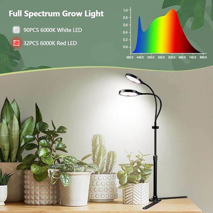 YEOLEH Grow Light for Indoor Desk Plants, 4.7’’ LED Dual Ring, 6000K White Gooseneck Full Spectrum Plant Growing Lamp with 5 Levels Brightness & Timer 4/8/12/18Hrs