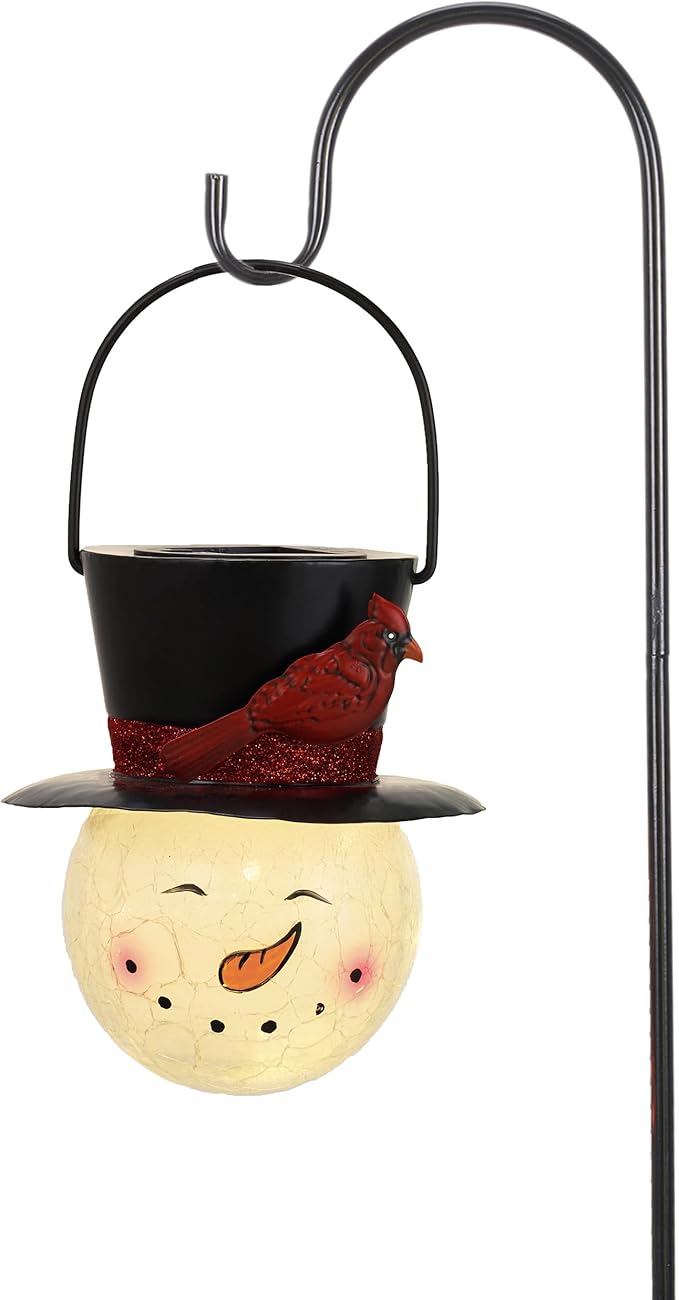 TERESA'S COLLECTIONS Outdoor Christmas Decorations for House, 36'' Snowman Glass Solar Lantern Stake with Black Cardinal Hat, Xmas Solar Christmas Lights for Garden Party Decor