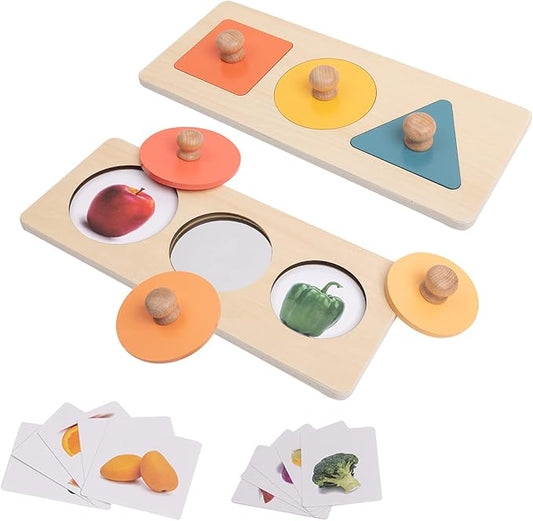 Baby Puzzles 12-18 Months - Montessori Multiple Shapes Knob Wooden Puzzles for Toddlers 1-3 - Peekaboo Photo Puzzle with Baby Mirror & 10 Real-Life Cards