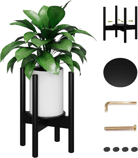 Adjustable Plant Stand, Bamboo Plant Stand Indoor with Tray, Wood Plant Stand for 8 to 12 inches Flower Pots, Single Mid Century Modern Plant Stand for Indoor Plants, Black