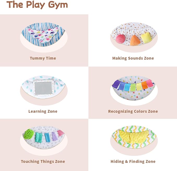Baby Play Gym & Activitiy Mat, Upgraded 6 Developmental Zones, Tummy Time Mat with Sensory Toys for Motor Skill & Sensory Development, Essentials Shower for Baby