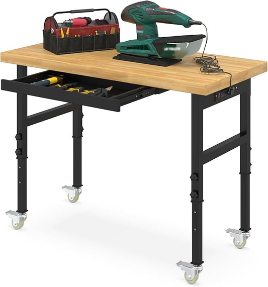 48"x24" Solid Wood & Heavy-Duty Work Bench Workbench, Adjustable Height Work Table with Wheels, Power Outlets and Drawer, 2000 LBS Capacity Workstation Work Benches for Garage, Workshop