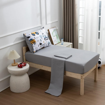 NTBED 4 Pieces Construction Toddler Bedding Set for Baby Boys,Tree Truck Vehicles Excavator Cars Printed, Includes Comforter, Flat Sheet, Fitted Sheet and Pillowcase,Light Grey