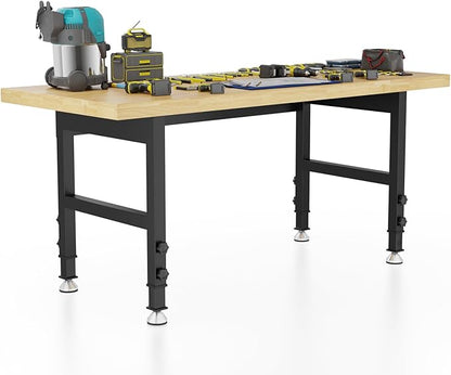 60" Adjustable Workbench, Work Bench Table with Power Outlet, Metal Tool Bench Work Bench for Garage, Large Load Capacity Garage Workbench for Workshop,Office,Home