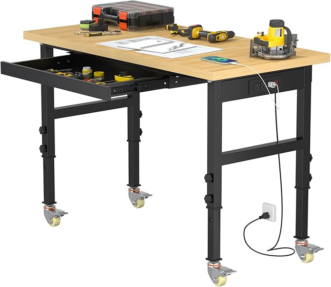 48"x24" Adjustable Workbench on Wheels, Heavy-Duty Work Bench, 2000 LBS Worktable with Power Outlets & Drawer, Portable Chipboard Work Station for Garage, Repair Shop, Workshop, Office