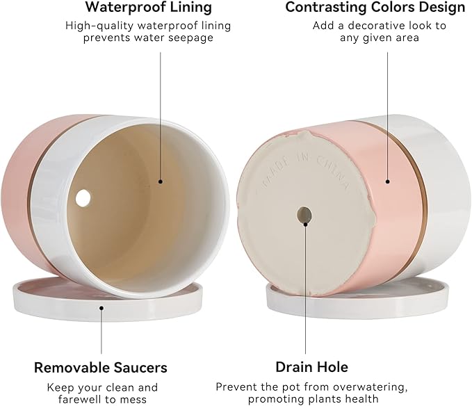 Ekirlin 8 inch Plant Pot - Ceramic Flower Planters Indoor - Modern Succulents Containers with Drain Hole Saucer, Decorate Home, Office & Outdoor (Pink)