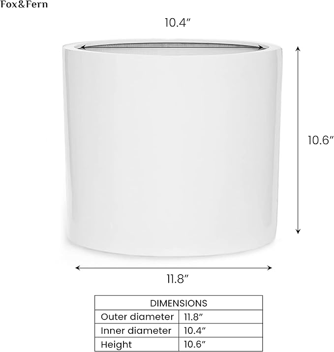 Fox & Fern Large 12 Inch Planter — Premium Lightweight Fiberstone Glossy White Plant Pot; Drainage Plug; Large Indoor & Outdoor Floor Planter; 12 Inch Pots for Plants; Weather Resistant & UV Resistant