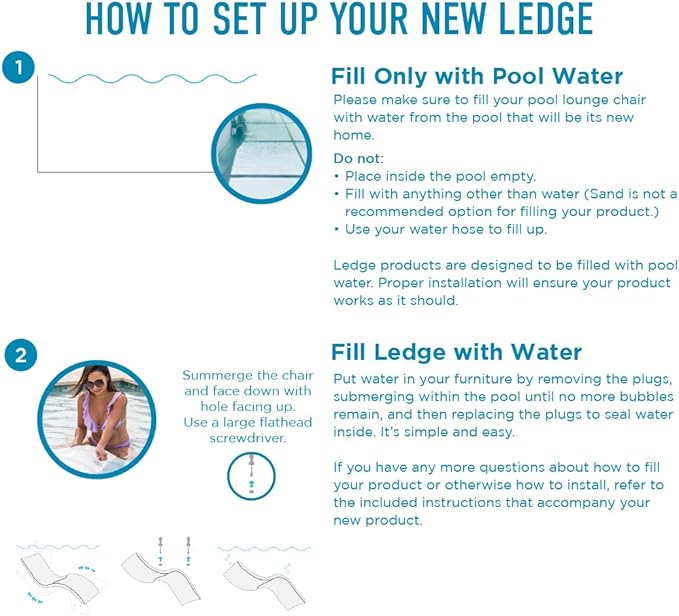 Ledge Lounger- Signature Chaise Deep - Inside Pool & Sun Shelf Lounge Chair - Designed for Deep Shelves 10”-15” - Compatible with All Pool Types - Poolside & Sun Deck Tanning - Set of 2 - Granite Gray