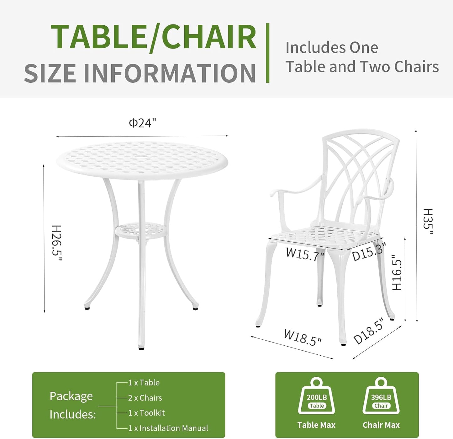 Bistro Table and Chairs Set of 2 for Garden, Bistro Set 3 Piece Outdoor, Cast Aluminum Patio Funiture Set, With Armrest