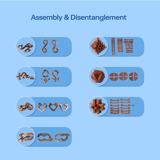 7 Pieces Unlock Interlock Brain Teaser Games Retro Wooden and Metal Puzzles IQ Logic Fun Puzzle Box