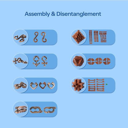 7 Pieces Unlock Interlock Brain Teaser Games Retro Wooden and Metal Puzzles IQ Logic Fun Puzzle Box