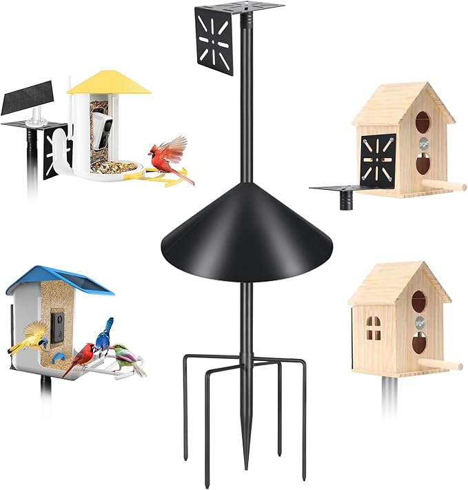 Smart Bird Feeder Pole with Squirrel Baffle & Bath-Heavy Duty Adjustable 3-6.6ft Universal Stand Mount for Backyard&Outdoor Bird Houses/Cameras (80'Pole-Baffle)