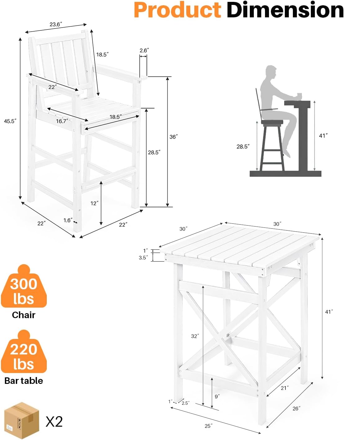5 Pieces Adirondack Bar Chairs Set, HDPE Patio Bar Height Table and Chairs, Tall Adirondack Outdoor Bar Stools Set, HDPE Patio Bar Sets Furniture for Garden, Poolside, Bistro, Pearl