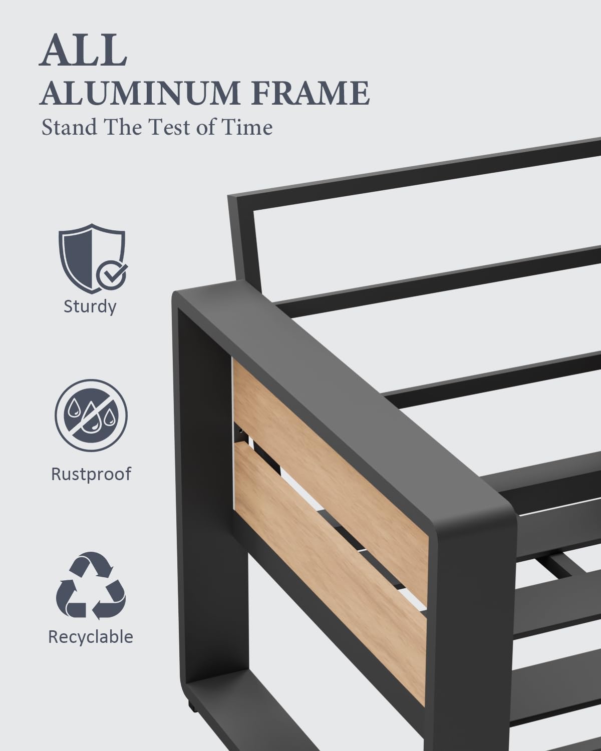 ZANDOR Outdoor Aluminum Patio Furniture - 1 Pcs 3-Seat, All-Weather Metal Modern Outside Sofa with Washable Thick Cushion for Garden/Backyard/Porch, Grey