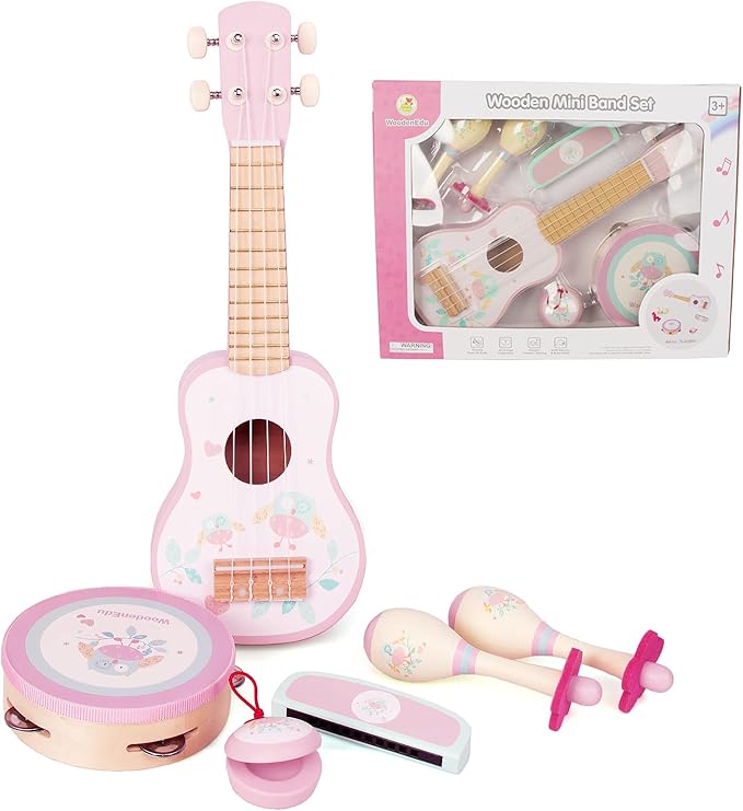 Kids Guitar for Girls, Wooden Musical Instruments Toys with Ukulele, Tambourine, Maracas, Harmonica, Mini Band Sets for Toddlers 2 3 Years Old Birthday Gift (Pink for Girls)