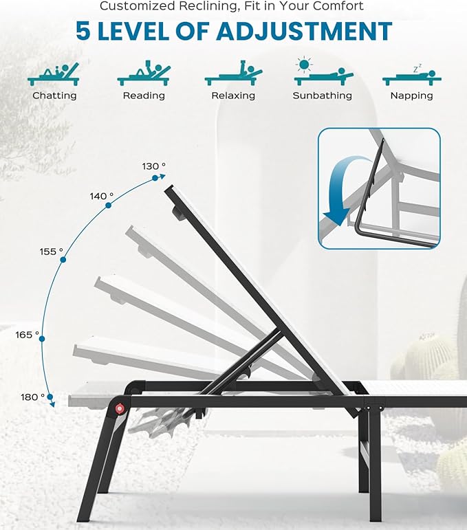 Chaise Lounge Outdoor, Foldable Aluminum Pool Lounge Chairs with 5 Positions Recliner - Free Assembly - Patio Chaise Lounge Chair for Poolside, Beach, Yard (White)
