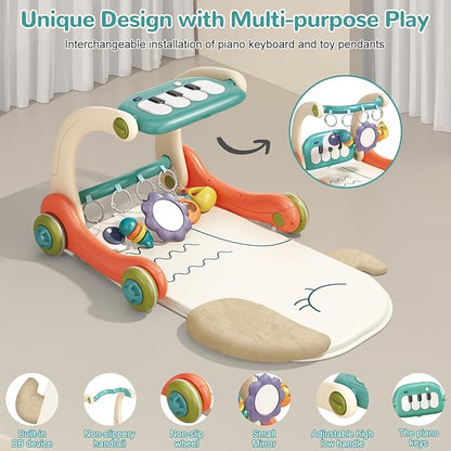 3 in 1 Baby Play Mat Gym, Kick and Play Piano Gym with Music Light, Activity Tummy Time Play mat with 5 Learning Sensory Toys, Infant Gifts for Newborn Baby Toddler 0-14 Months
