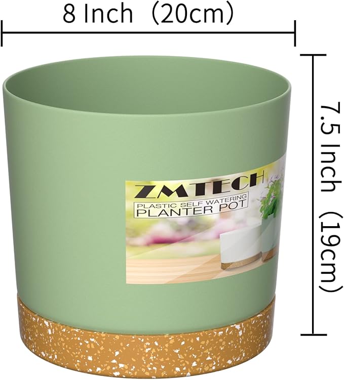 ZMTECH Plant Pots, Set of 3 8'' Self Watering Plastic Planter with Drainage Hole and Saucer, Modern Decorative Flower Pot for Indoor Outdoor House Plants, Succulents, Flowers - Green