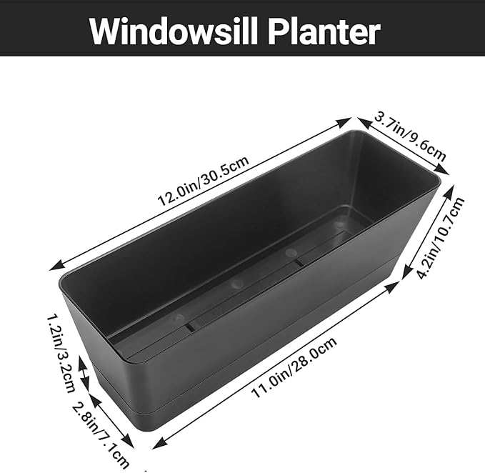 GREANER 6 Pack Herb Planters, 12x3.8 Inch Black Rectangle Window Boxes with Tray, Indoor Succulent Cactus Mint Plastic Pot for Windowsill, Balcony, Office, Outdoor Garden