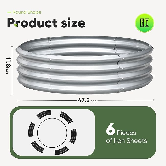 KING BIRD Raised Garden Bed Galvanized Round Planter Box Outdoor for Gardening, Plants, Vegetables, Flowers, Silver, 47x47x12 in