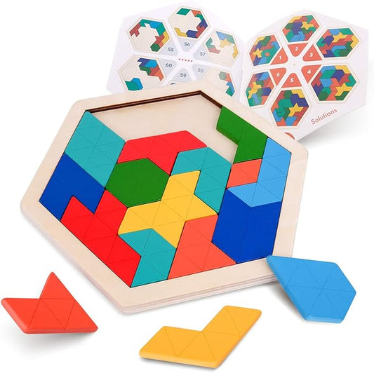 Vanmor Wooden Geometric Tangram Puzzle Blocks - 3D Logic IQ Brain Teaser Jigsaw | Montessori STEM Educational Toy with 60 Challenges for All Ages