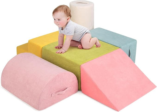 Costzon Toddler Climbing Toys Indoor, 6 Pieces Foam Climbing Blocks for Baby Inside with Skin-Friendly Chenille Fabric, 30D High-Density Foam & Carrying Handles, Soft Play Climbing for Toddlers (Pink)