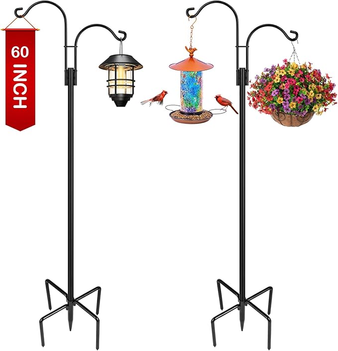 XDW-GIFTS Double Shepherds Hooks for Outdoor, 2-Pack Heavy Duty Garden Pole for Hanging Bird Feeder, Plant Baskets, Solar Light Lanterns, Garden Plant Hanger Stands with 5 Base Prongs
